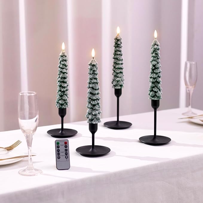 4 PCS Flameless Christmas Tree Candles with Remote, Snow Covered Real Wax Flameless Taper Candles 9.65 Inch, LED Candlesticks Battery Operated with 3D Flickering Flame, Christmas Candles Decor