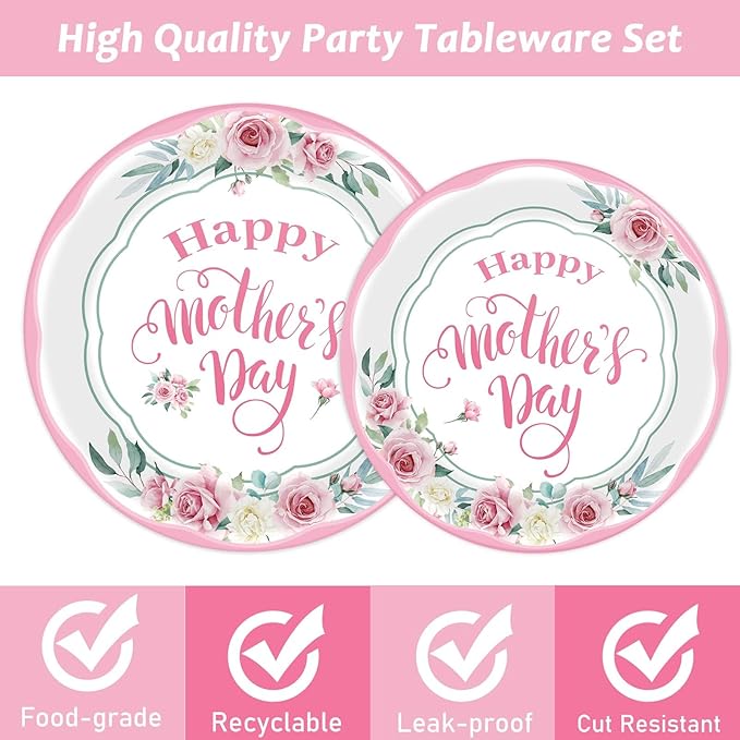 chiazllta 96 Pcs Happy Mother's Day Party Paper Plate and Napkins Set - 24 Guests, Pink, Spring Floral Design, Serves 24, Best Mom Ever Theme