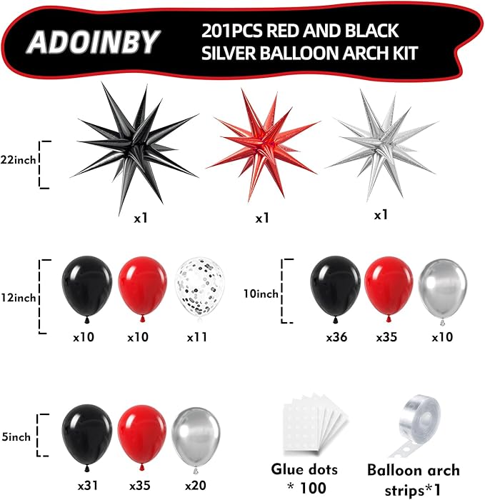 Red and Black Silver Balloon Arch Kit - 201Pcs Explosion Star Red Black Metallic Silver Balloon Garland kit Different Size Balloons for Anniversary Birthday Racing Car Poker Party Decoration