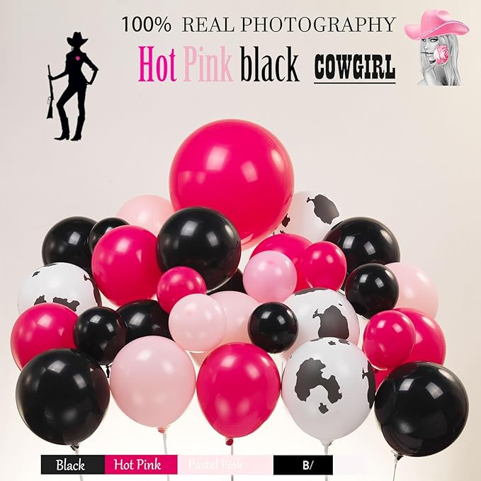 Hot Pink and Black Cowgirl Balloon garland Arch Kit 101Pcs with mylar foil Disco Ball Cow print Balloons for Girl birthday bachelorette party Decorations