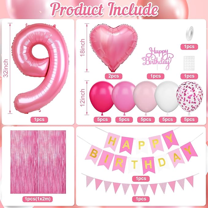 9th Birthday Decorations for Girls: Hot Pink Balloons, Happy Birthday Banner, Fringe Curtain, Cake Topper, Heart Balloons