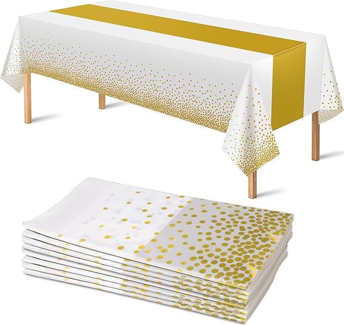OHOME 8 Pack Disposable Plastic Table Cloths for Parties,White and Gold Dot Rectangle Table Covers for Wedding Birthday Baby Shower BBQ First Communion Decorations 54" x 108"