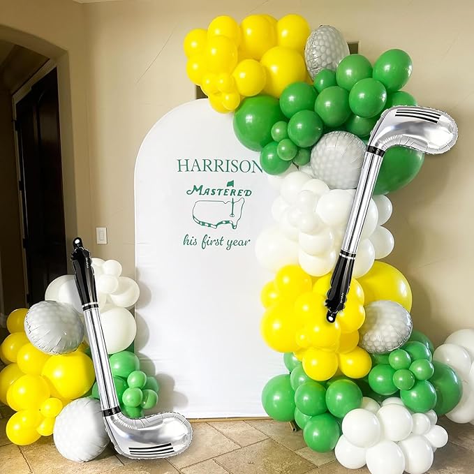 Hole in One Balloon Garland Arch Kit - 139 Yellow Green White Latex Balloons with Golf Cart and Ball Foil Balloons for Hole in One First Birthday Golf-Themed Retirement Party Decoration