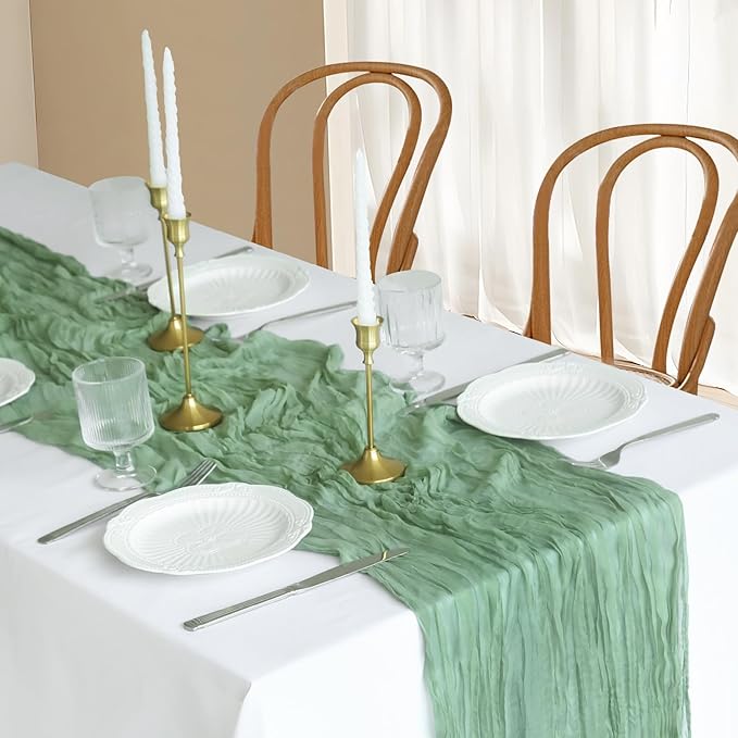 10FT Sage Green Table Runner, 35*120inch Boho Green Table Runners Cheese Cloth Runner for Wedding Bridal Shower Baby Shower Party Table Centerpiece Table Decor