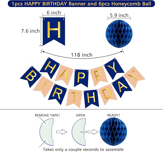 Navy Rose Gold Birthday Decorations with Happy Birthday Banner, Paper Honeycomb Balls, Circle Garland and Hanging Swirl Decorations