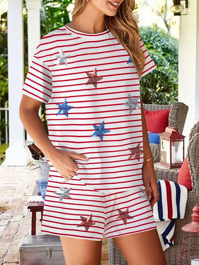 VILOVE 4th of July 2 Piece Sequin Outfits Women 250 Anniversary Usa Shirts and Short Sets Casual Patriotic Shirt Summer Set