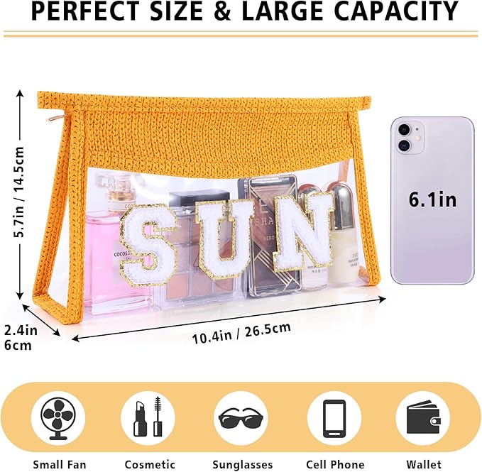 Sunscreen Bag Clear Makeup Bag Chenille Letter Sun Cosmetic Pouch Summer Beach Essential Cute Toiletry Pouch Travel Accessories Gifts for Women