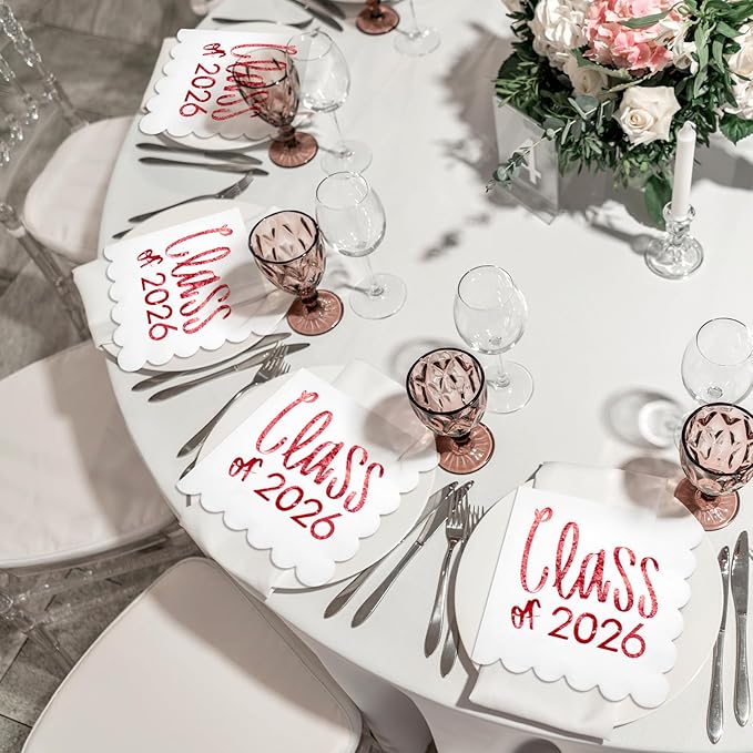 100 Pcs Class of 2026 Graduation Cocktail Napkins 5 x 5 Inch Congrats Grad Scalloped Paper Napkins for Dinner Beverage Graduate Decorations(Red)