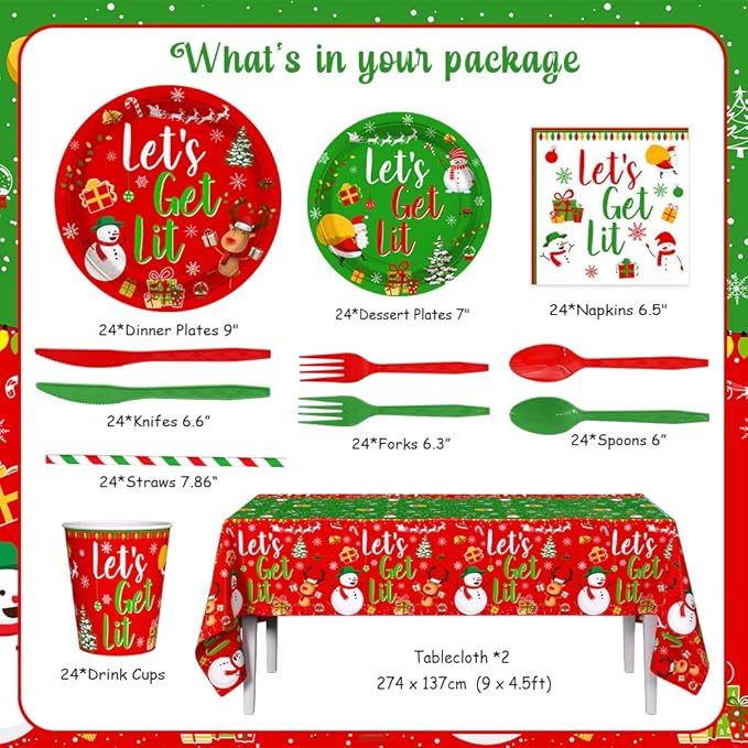 194 Pcs Christmas Party Supplies Decorations Friendsmas Christmas Party Decorations Let's Get Lit Santa Snowman Disposable Tableware Set with Plates Napkins and Tablecloth Serves 24 Guests