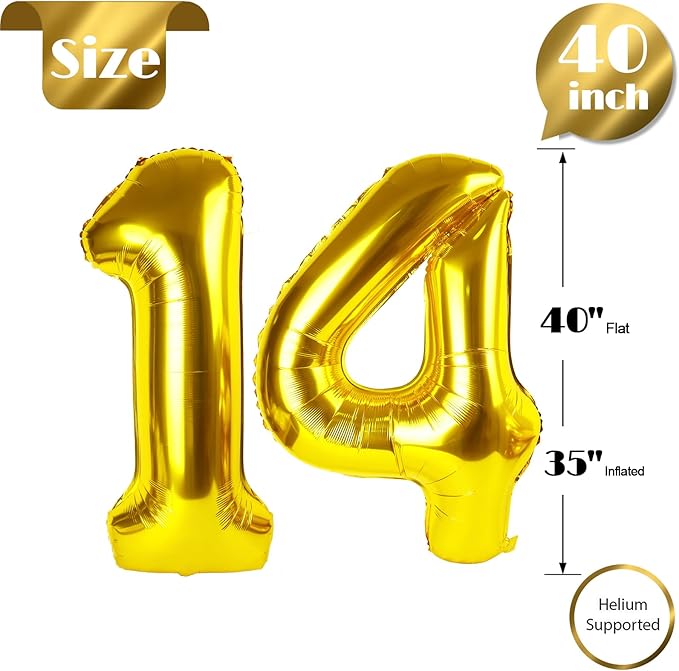 Gold Number 14 Balloon 40 inch, 14 Number Balloons, 14th Gold Birthday Decorations, 14 Year Old Girls Boys Golden Party Supplies