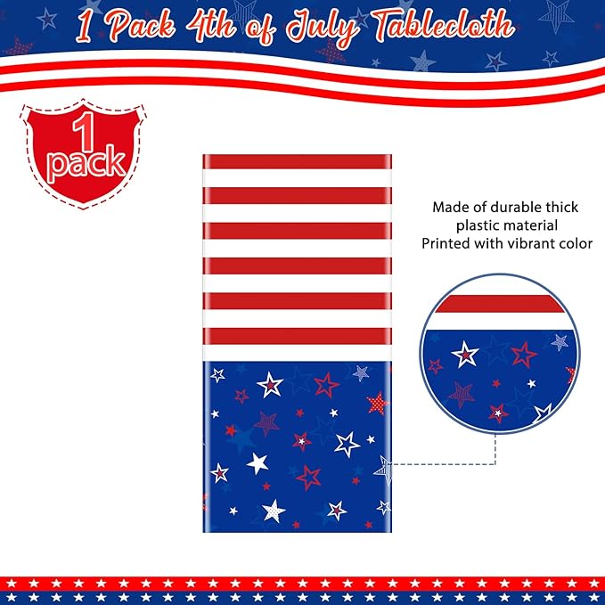 1Pcs Patriotic Tablecloths for 4th of July Decorations,Red White Blue Star Plastic Disposable Table Cover for Fourth of July Memorial Patriotic Day Independence Veterans Day Party Supplies,54x108 Inch