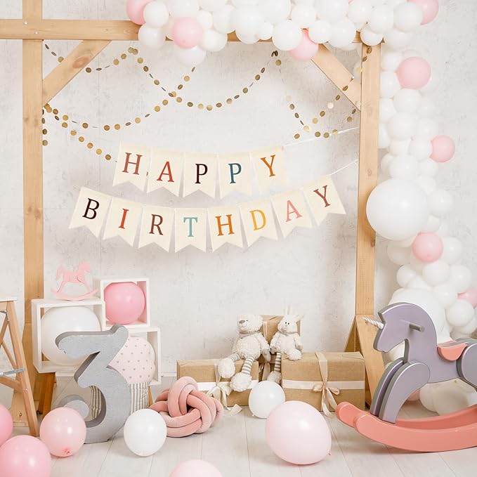 Doumeny Happy Birthday Burlap Banner Boho Birthday Garland Bunting Bohemian Party Hanging Flag White Happy Birthday Bunting Garland Rainbow Party Banner for Women Men Birthday Kid Photo Backdrop