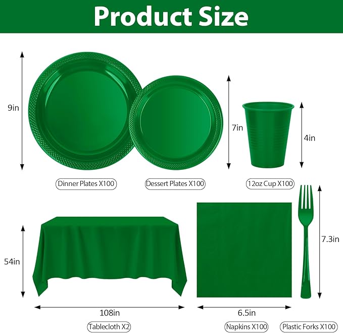 Green Plastic Plates for Party,100 Guest - 7&9inch Plates,Napkins,Forks,12 oz Cups & Tablecloths,Disposable Party Supplies for Birthday,Picnic,Christmas,Summer Activities