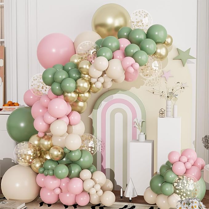 Sage Green Pink Balloon Arch Kit-144pcs Sage Green Pastel Pink Sand White Chrome Gold and Confetti Latex Balloon Garland for Girl Baby Shower Wedding Birthday Jungle Safari Woodland Party Decorations