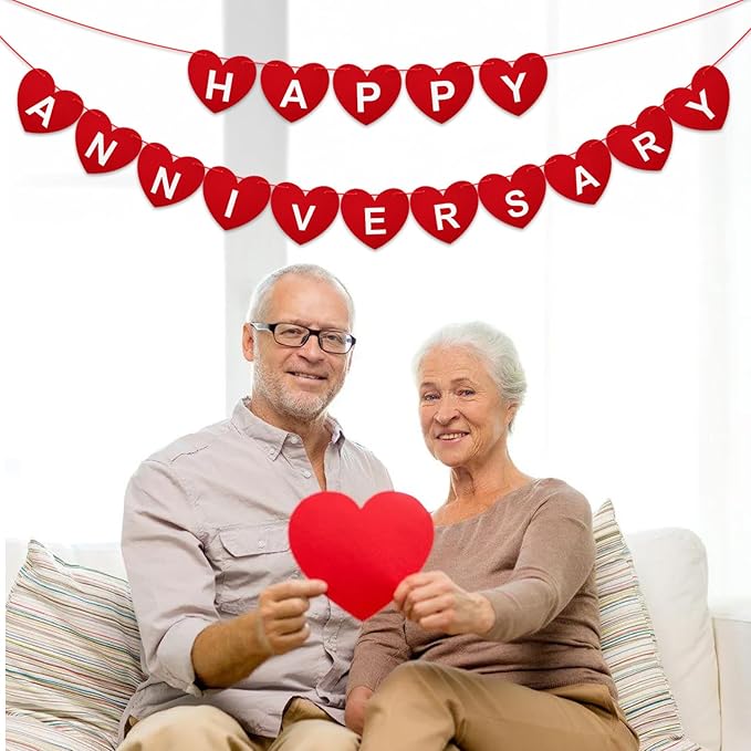 Pre-Strung Happy Anniversary Banner - No DIY Felt Wedding Anniversary Party Banner Sign Red Heart Garland for Romantic Wedding Decorations