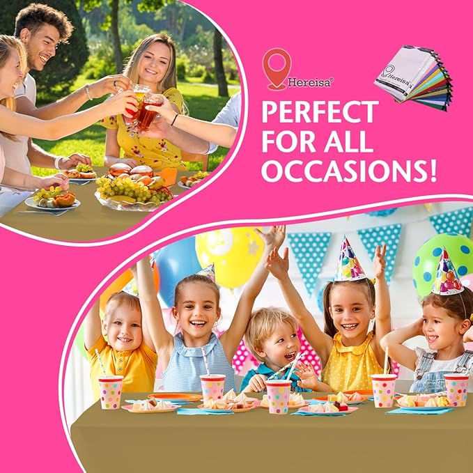 Disposable Plastic Tablecloth Gold 54x108 Inch, 5-Pack Waterproof Rectangular Table Cover for Parties, Picnics, Dining Protection