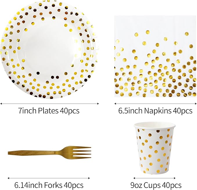 160 Pcs White and Gold Paper Plates, Forks and Cups Party Supplies, Disposable Paper Dessert Cake Plates Tableware Supplies for Birthdays, Graduations, Weddings, Holidays (Serves 40)(7 inches)