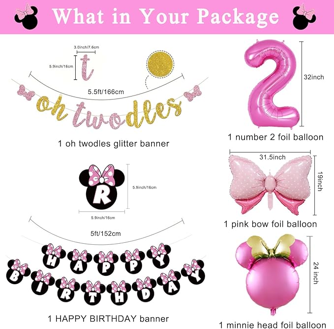 Pink Mouse 2nd Birthday Party Supplies, Oh Twodles Girl Second Party Decorations Includes Happy Birthday Banner, Hanging Swirls, Tablecloth, Cake Cupcake Toppers, Bow Foil Balloon, Latex Balloons