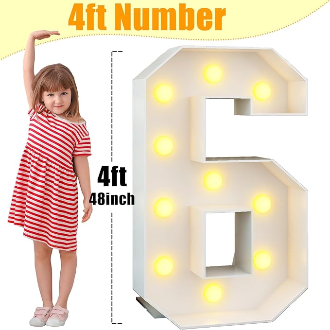Marquee 4ft Numbers with Light up Number 6 White Mosaic Frame Slots-in Letter 6 for 6th Birthday Party Decorations Pre-Cut Cardboard Large Giant Cut-Out Thick Foam Board Sign Anniversary Graduation
