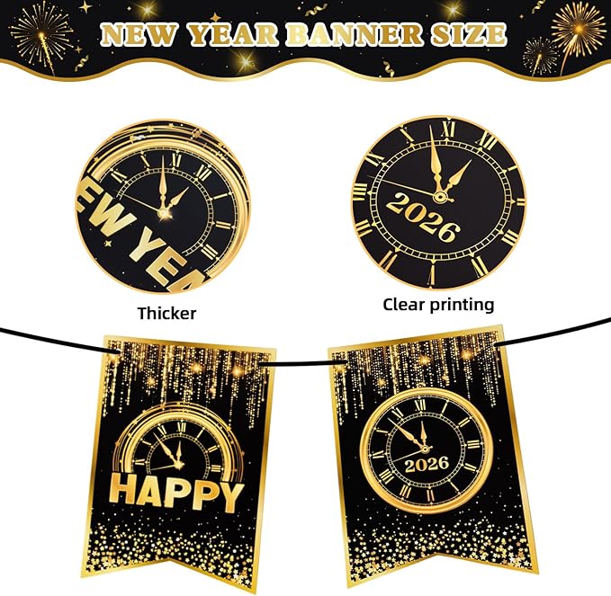 Happy New Year Decorations 2026 - Black Gold New Year Party Banner - Reusable New Years Eve Party Supplies 2026 (Style B)