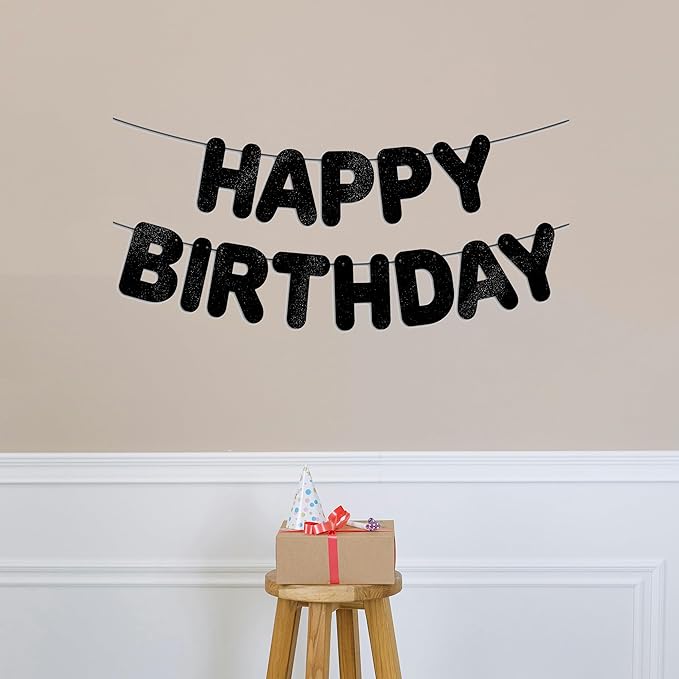 Pre-Strung Happy Birthday Black Glitter Banner, Black Birthday Party Decorations for Men, BDAY Party Backdrop Sign for Him