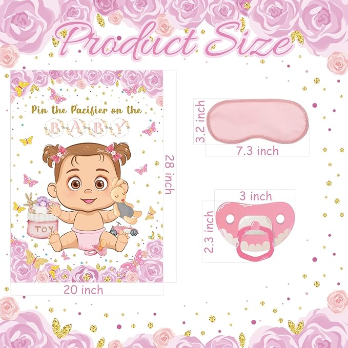 Pin The Pacifier On The Baby Game, Pink Baby Shower Decoration Pin Pacifier on Baby Poster Butterfly Theme Decor with 48 Pacifier Stickers Game for Baby Shower Party Birthday Party Supplies