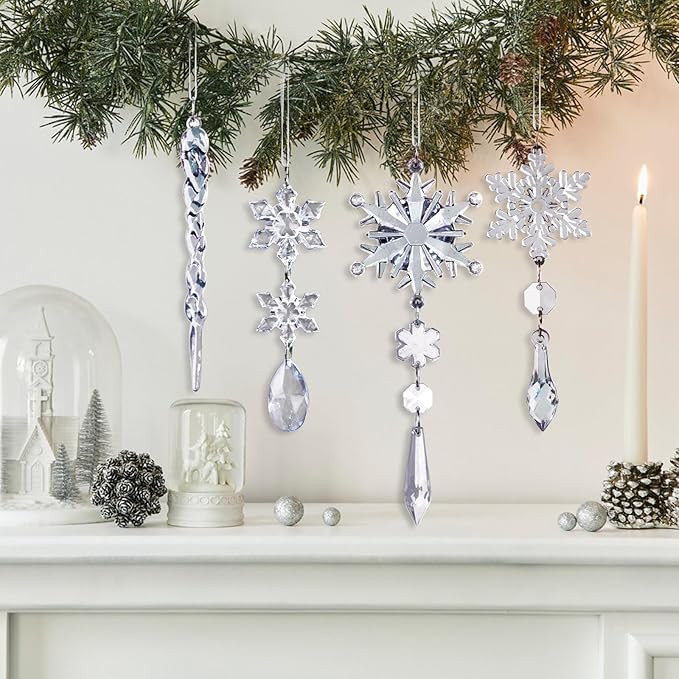 18pcs Crystal Christmas Ornaments for Christmas Tree Decorations-Royal Blue Hanging Acrylic Snowflake and Icicle Ornaments with Drop Pendants for New Year Party Decorations Supplies