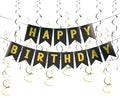 Black Happy Birthday Banner, Birth Decorations with Metallic Hanging Swirl, Sign for Backdrop Party Decor, Bunting Banner for Men Women, Supplies for Boys Girls