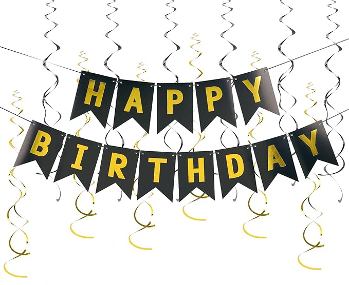 Black Happy Birthday Banner, Birth Decorations with Metallic Hanging Swirl, Sign for Backdrop Party Decor, Bunting Banner for Men Women, Supplies for Boys Girls