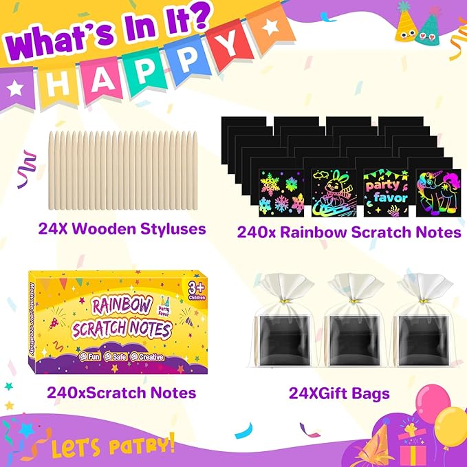FUNNYB&G 240 PCS Rainbow Scratch Paper Art Kit for Kids, Easter Party Favors Goodie Bags Stuffers, Bulk Birthday Classroom Gifts Easter Basket Stuffers for Girls Boys Ages 4-12