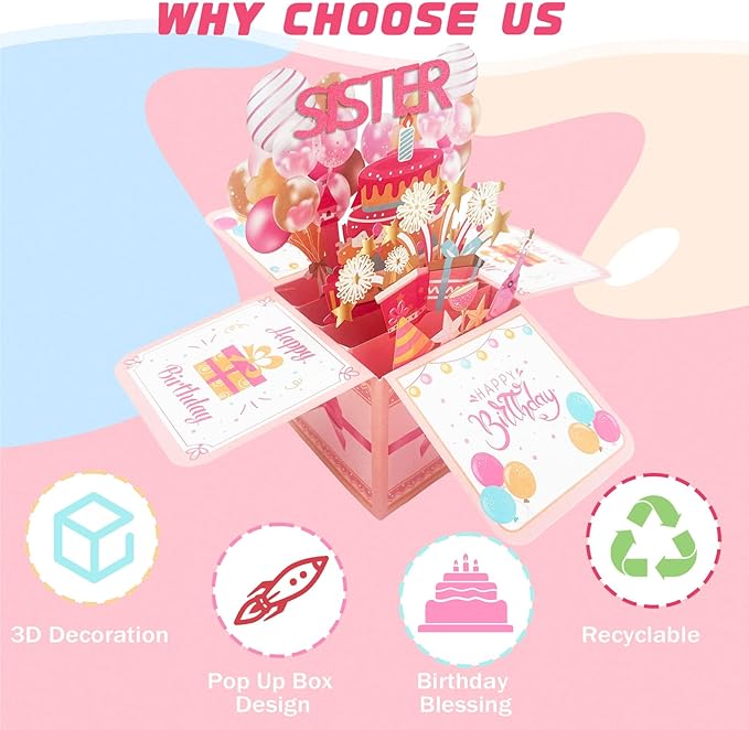 Happy Birthday Sister Card From Sister Brother Pop Up Funny 3D Birthday Gift Card Box Party Decoration Keepsake Foldable Celebration Greeting Cards With Envelope For Girl Women