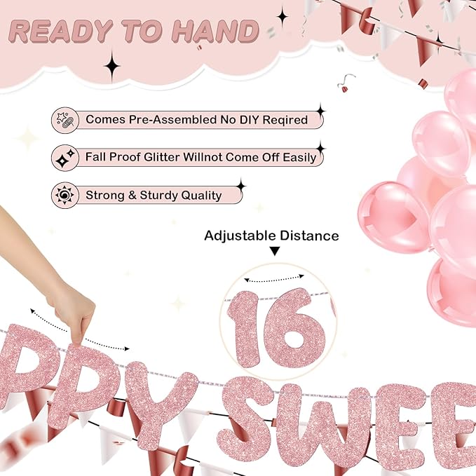 Fulmoon Pre Strung Happy Sweet 16 Banner Glitter Sixteenth Birthday Party Decorations 16th Party Sign Sweet 16 Party Decorations for Birthday Party Bachelorette Party(Rose Gold)