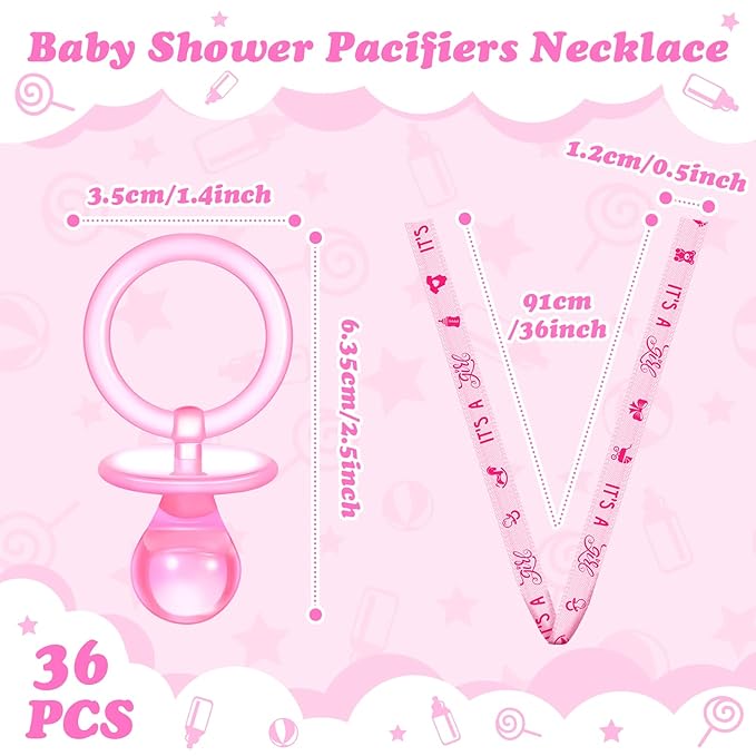 Coume 36 Pcs Shower Party Pacifiers Necklace Acrylic Pacifiers Charm Necklace for Shower Party Decorations Gender Reveal Table Scatter(Pink)
