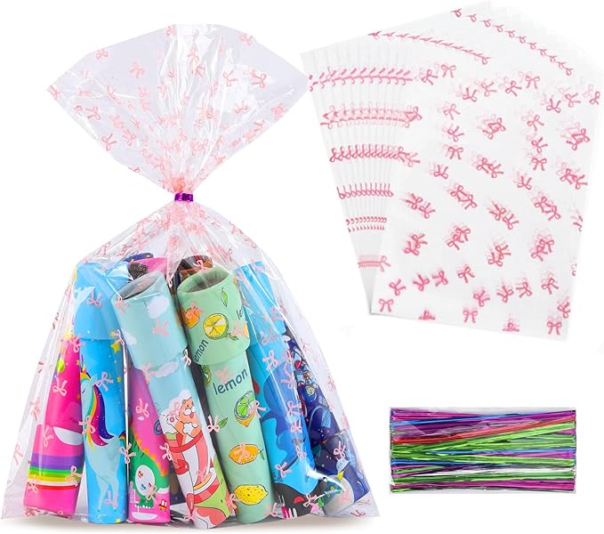 SOMIOCO Pink Bow Cello Cellophane Treat Bags Party Favor Bags Clear 50 PCS 11X14 In Pink Candy Bags Bow Gift Goodie Bags with Twist Tie for Birthday Party,Baby shower,Wedding,Valentines