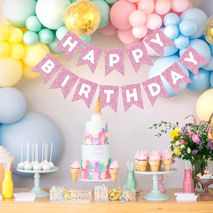 Hooqict Happy Birthday Banner Pink Birthday Decorations for Girls Women 1st 2nd 3rd 13th 21th 30th Pink Party Banner Garland Sign Party Supplies Wall Porch Door Hanging Decor