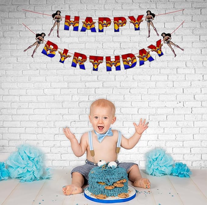 "Wondr Woman Happy Birthday Banner – Superhero Theme Party Decorations for Girls – Colorful Hanging Birthday Banner for Birthday,Comic Fan Celebrations, School Events & Party Supplies"
