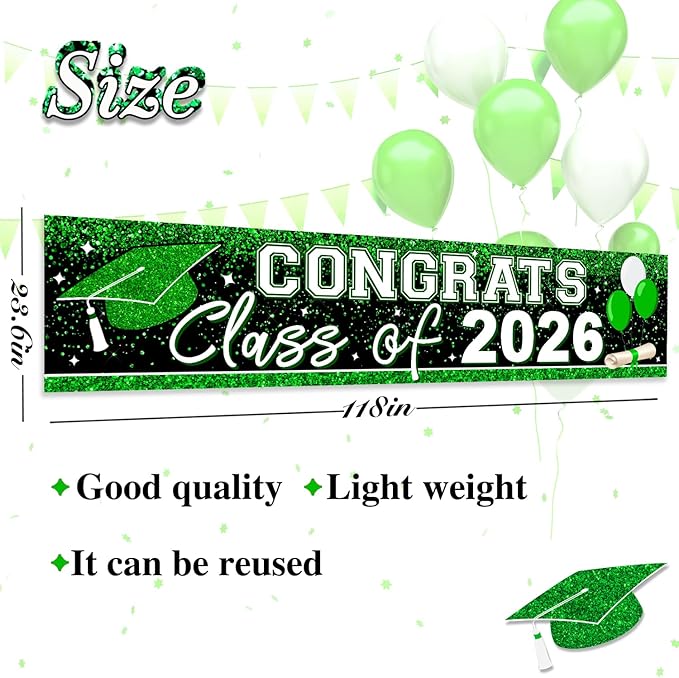 Graduation Decorations 2026 Yard Sign Large Class of 2026 Banner Green Congrats Grad Graduation Party Games Supplies (Green)