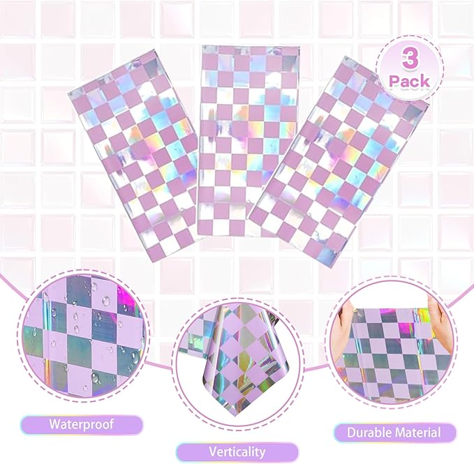 3-Pack Vibrant Pink Checkered Tablecloths, Holographic Glittering Disposable Plastic Tablecloths, 54 Inches x 108 Inches, Suitable for Picnics, Birthday Parties, Racing Theme Decorations