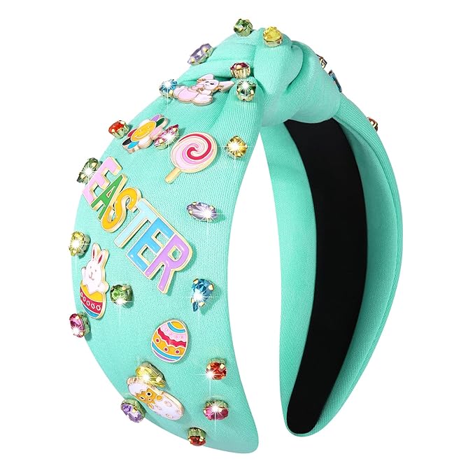 Easter Headband Spring Accessories for Women Easter Egg Bunny Knotted Headband Colorful Crystal Top Knot Headbands Spring Hair Accessories Gifts (EASTER-Blue)