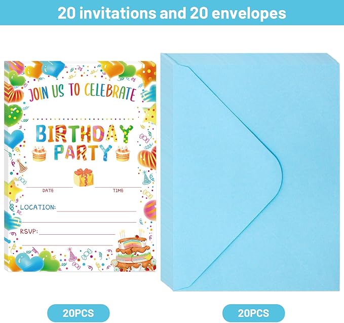 Fancy Land Birthday Invitations with Envelopes 20PCS Kids Birthday Party Invitations for Boys and Girls Birthday Party Supplies
