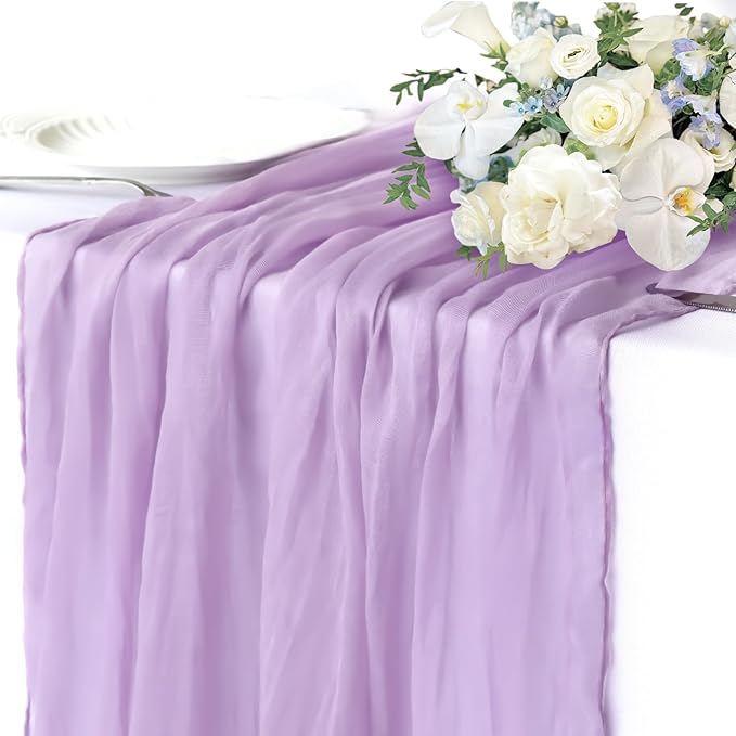 Lilac Table Runner, 10FT Rustic Gauze Lavender Table Runner 35*120inch Boho Table Runners for Wedding Bridal Shower Baby Shower Table Centerpiece Decorations