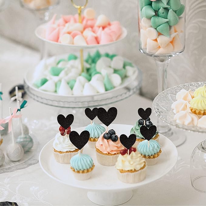 30 PCS Love Heart Cupcake Toppers Glitter Sweet Love Cupcake Picks Bridal Shower Wedding Engagement Cake Decorations for Valentine's Day Baby Shower Birthday Anniversary Party Supplies Black