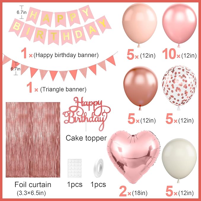Dusty Pink Birthday Decorations,Happy Birthday Banner Pink Rose Gold Sand Boho Balloons Fringe Curtain Heart Foil Balloons for Women Girl Boys Baby Shower