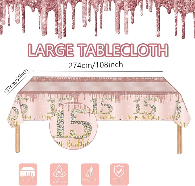 121Pcs 15th Birthday Party Supplies Plates Napkins Cups Forks Tablecloth Rose Gold Happy 15th Birthday Themed Disposable Tableware Decorations Serves 24 Guests for Girls 15 Years Birthday Decor