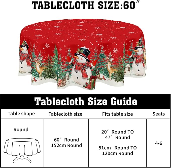 Christmas Tablecloth Round 60 Inch Red Winter Snowman Snowflake Table Cloth Farmhouse Xmas Tree Snow Table Cover for Kitchen Dinner Room Holiday Party Indoor Outdoor Home Christmas Decor