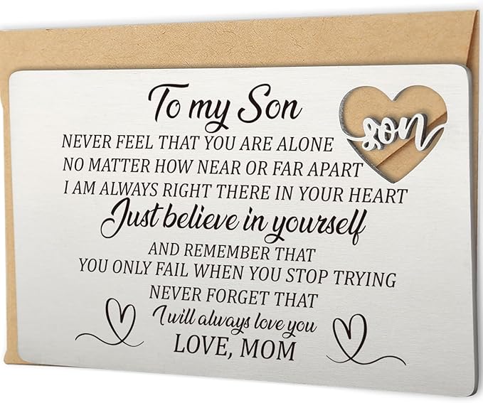Son Gift from Mom, Inspirational Engraved Wallet Card Birthday Graduation Christmas Anniversary Wedding Back to School Card Wallet Insert Gifts for Son, Just Believe in Yourself Gift for Boys