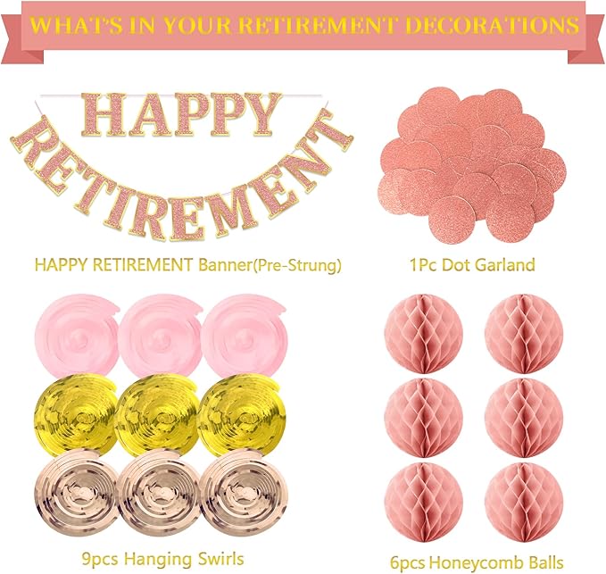 Retirement Party Decorations Kit for Women - 17-Piece Elegant Rose Gold Set with Pre-Strung Banner, Honeycomb Balls, Swirls & Garland | Instant Setup Party Decor | Retirement Gifts & Supplies