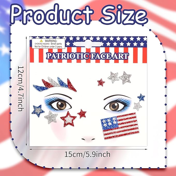 4th of July Face Gems, Fourth of July Celebration Face Jewels, Patriotic Tattoo with USA Flag Stars Designs, Sparkle Glitter Red Blue Silver for Independence Day, Parades, Parties 2 Sheets (style3)