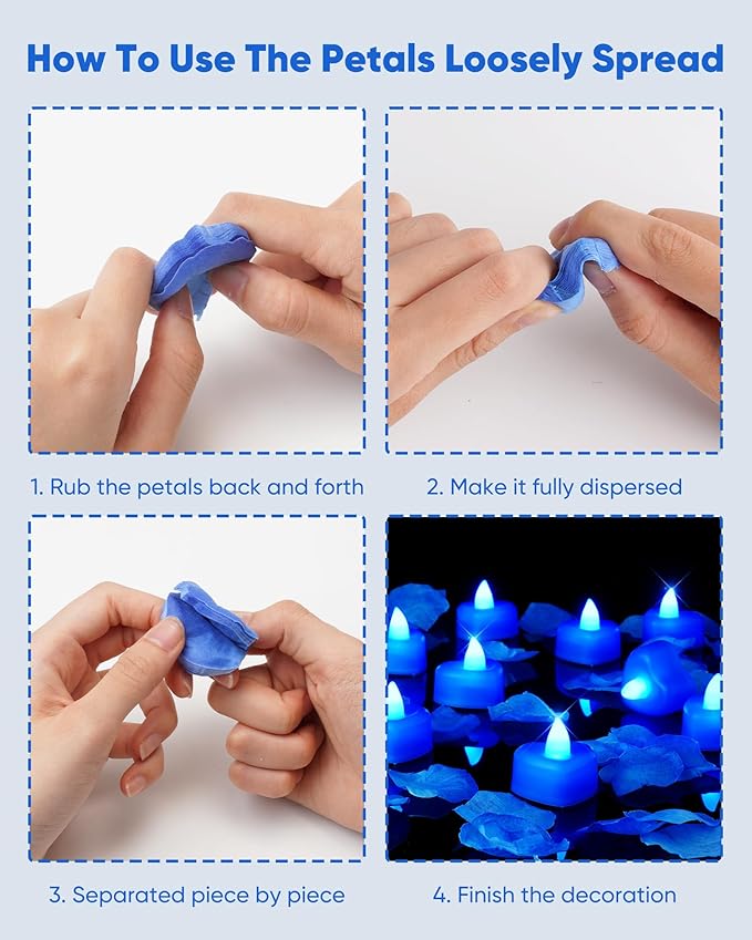 Amagic 2000 Pieces Blue Artificial Rose Petals with 24 Blue Heart LED Tea Lights, Rose Petals and Candles Set for Proposal, Anniversary, Romantic Night, Wedding Decor