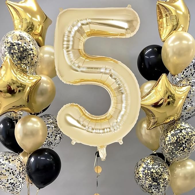 Light Gold Number 5 Balloon 40 Inch, Big Large Foil Helium White Gold Number Balloons, Giant Mylar Number 5 Balloons for 5 Year Old Birthday Party Decorations Supplies Anniversary